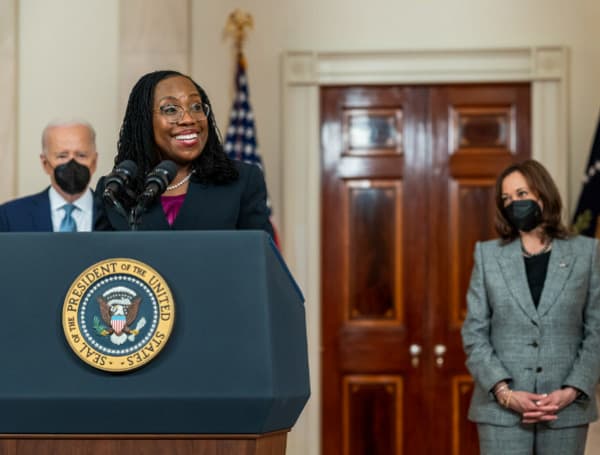 President Joe Biden and Vice President Kamala Harris look on while Judge Ketanji Brown Jackson delivers remarks on her nomination to the U.S. Supreme Court, Friday, February 25, 2022, in the Grand Foyer of the White House. (Official White House Photo by Cameron Smith)