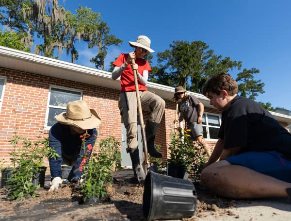 UF/IFAS Field and Fork staff and students install a Florida-Friendly Landscaping™ Natural demonstration garden at the field office in late May.