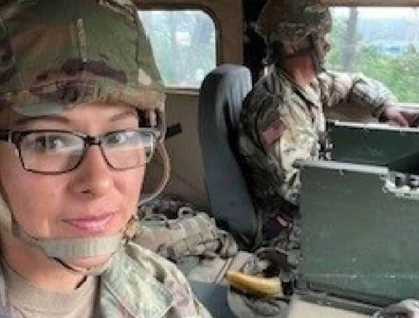 Gen. Douglas MacArthur Leadership Award winner Capt. Fiorella Esafe, takes a quick selfie during a field exercise at Fort Mccoy, Wisconsin. Esafe was attached to the 345th Field Hospital unit at the time. She is a medical service corps officer in... (Erin Sherwood)