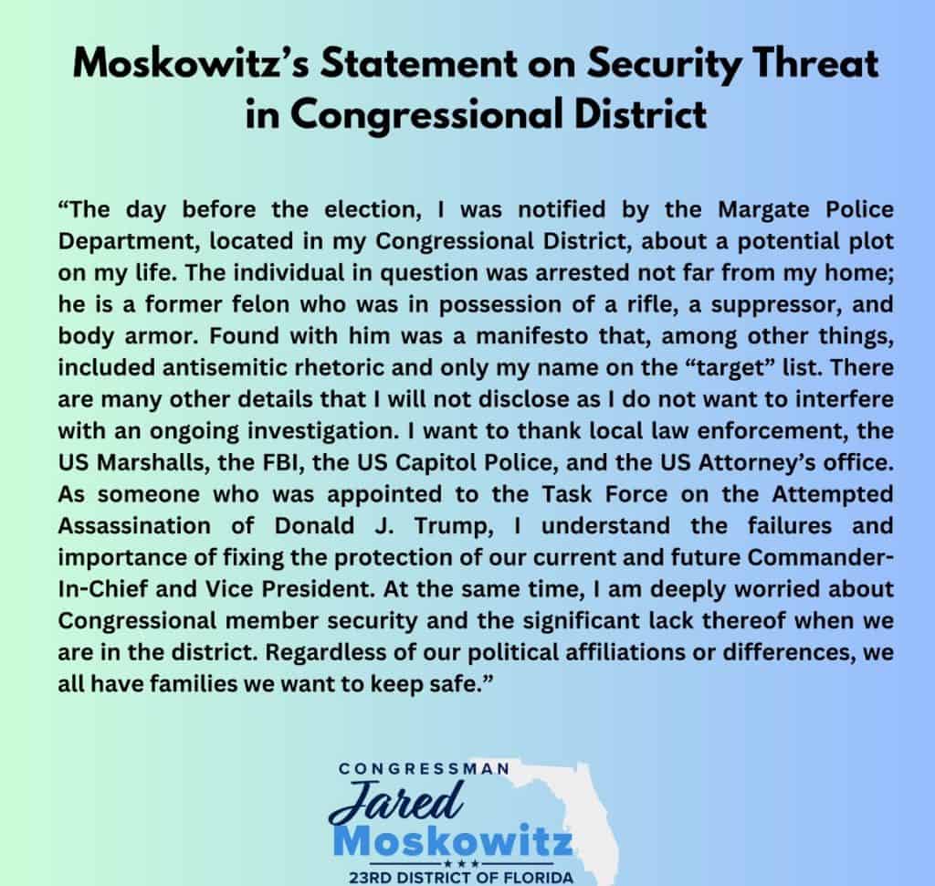 Armed Suspect Arrested Near Home Of Florida Rep. Jared Moskowitz With Antisemitic Manifesto