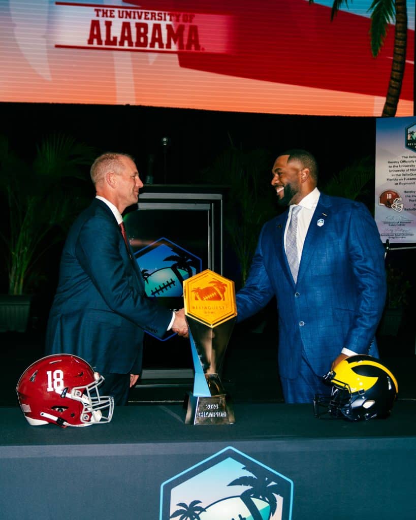 Coach DeBoer and Coach Moore signed the ceremonial ReliaQuest Bowl contract, kicking off the journey. (Reliaquest Bowl)