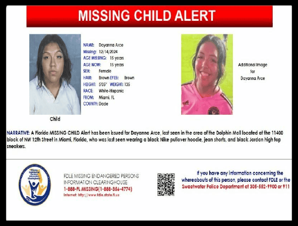 Florida Missing Child Alert Issued For 15-Year-Old Dayanna Arce, Last Seen In Miami