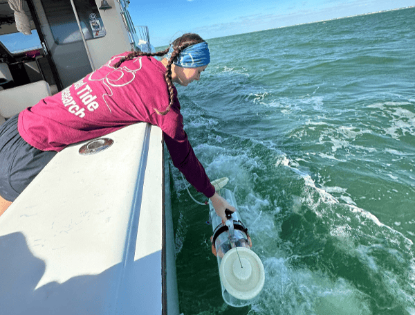 Biologist lowers a Van Dorn sampler to collect water sample in the Gulf of Mexico. (FWC)