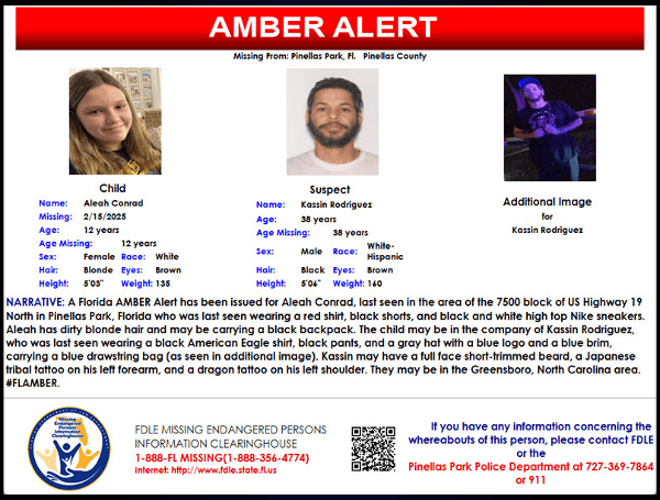 Florida AMBER Alert Issued For 12-Year-Old Girl Abducted In Pinellas Park