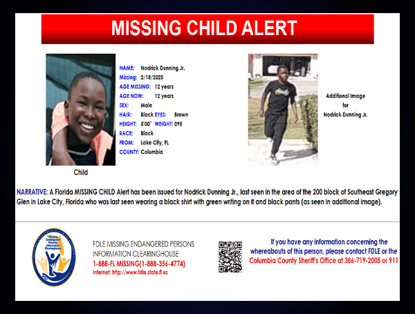 Florida Missing Child Alert Issued For 12-Year-Old Nodrick Dunning Jr.