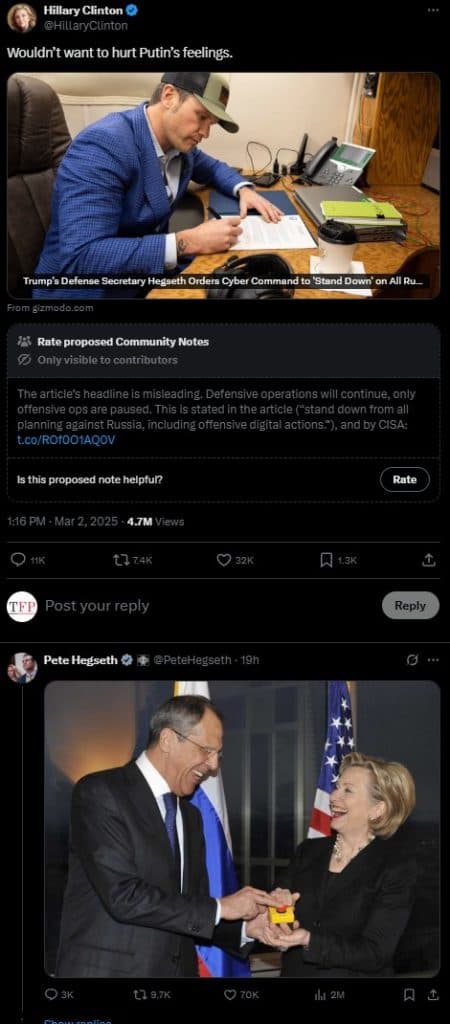 Hegseth Halts Cyber Ops Against Russia, Fires Back At Hillary Clinton’s ‘Reset’ Jab"