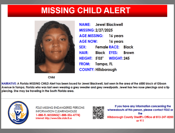 Florida MISSING CHILD Alert Issued For 16-Year-Old Jewel Blackwell In Tampa